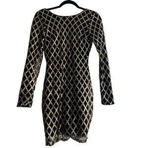 Forever 21 Long Sleeve Black Gold Diamond Pattern Sequence Cocktail Party Dress